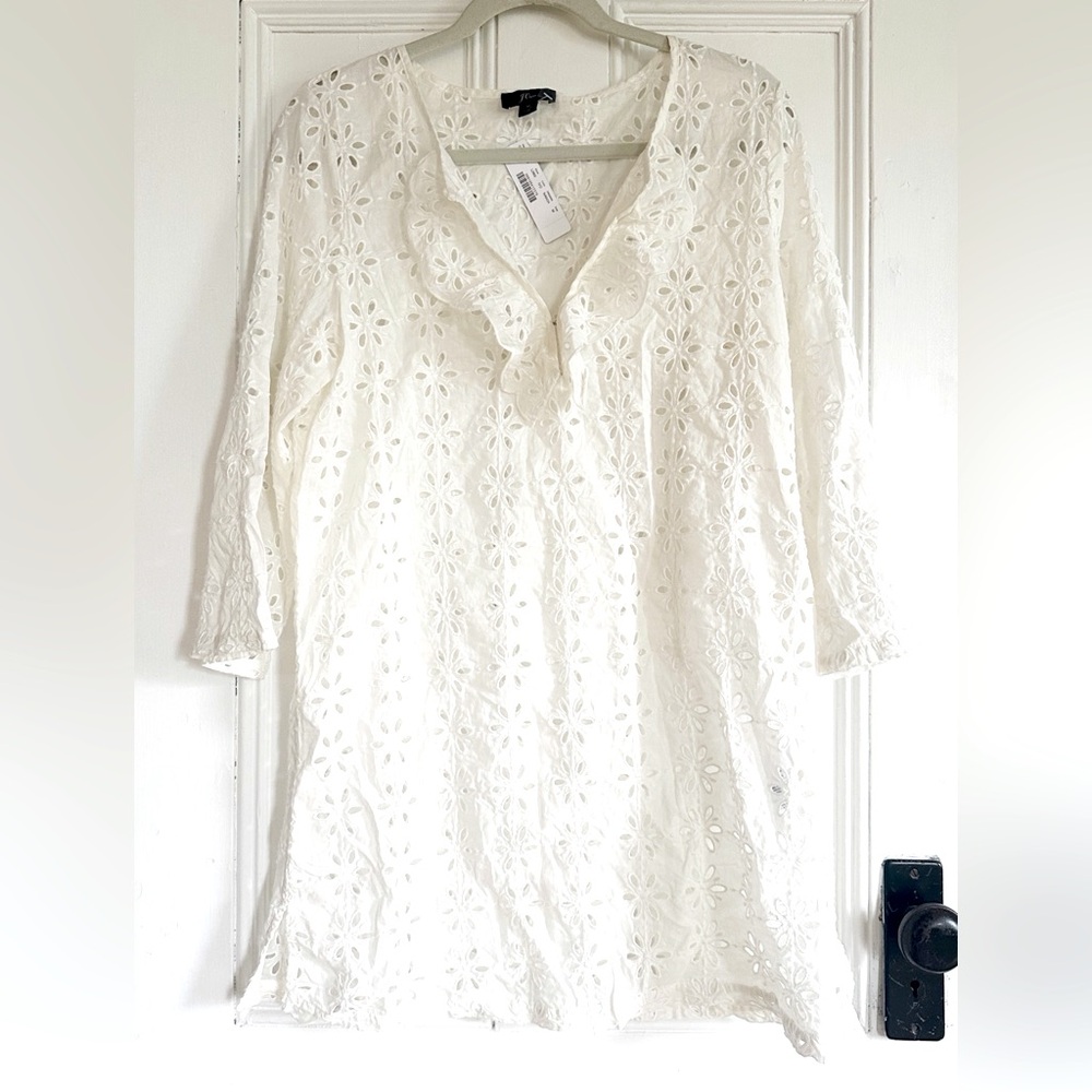 🏷️ NWT J. Crew Ruffled Beach Tunic in Ivory Laser-Cut Cotton Eyelet Mini -Medium